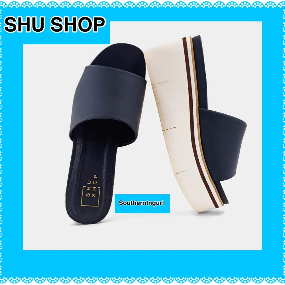NWT SHUSHOP ”Jade” Faux leather Black/Ivory Color Block Platforms Sandals - Picture 4 of 15